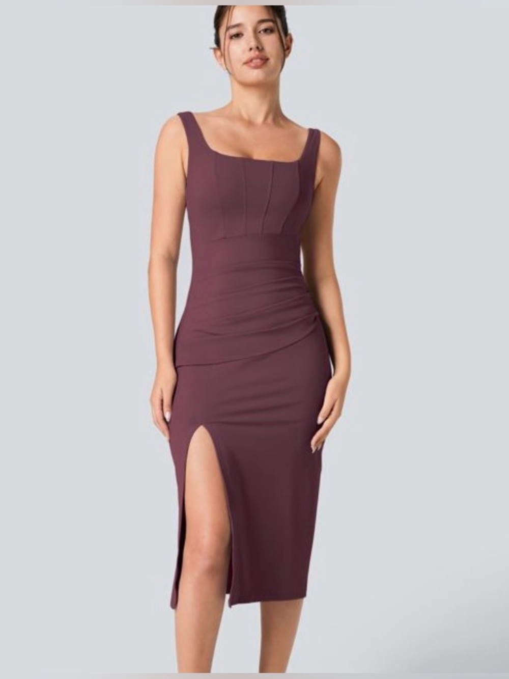 Halara S SoftlyZero Airy Square Neck Backless Corset Ruched Split Bodycon Dress